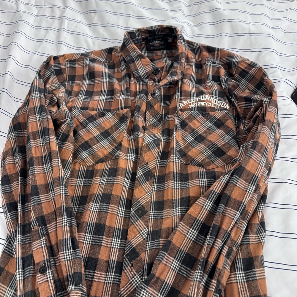 Harley-Davidson Men's Black and Brown Plaid Shirt